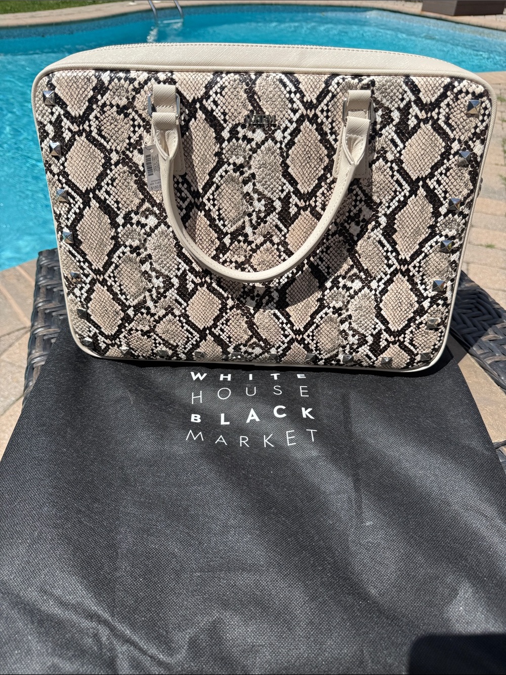 White House Black Market Cream and Black Snake-Print Brief Casewith Stud Accents